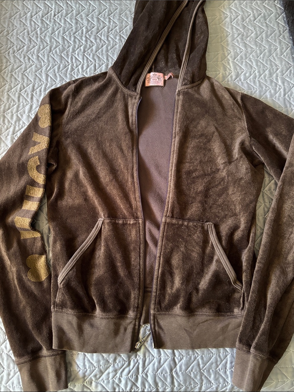Juicy Couture Brown Velvet Zip-Up Hoodie with Gold Sleeve Logo